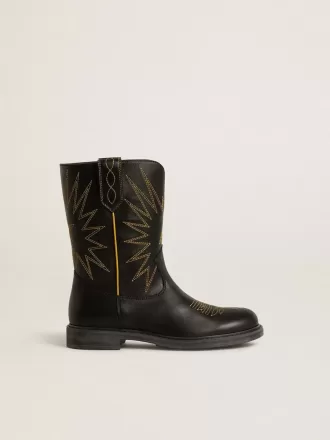 Wish Junior Stiefel aus schwarzem Leder mit gelber Sternstickerei