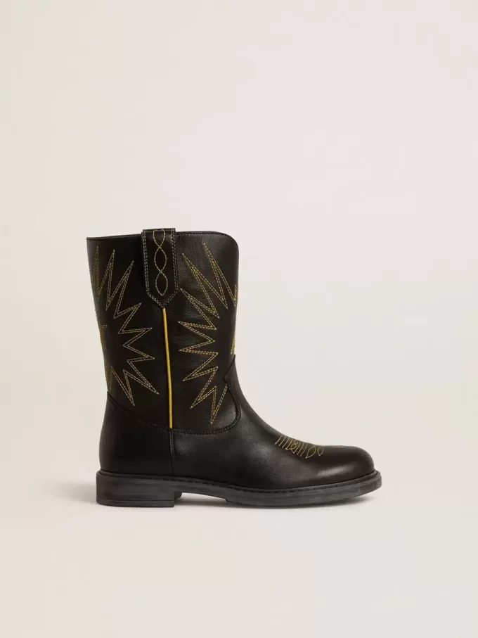 Wish Junior Stiefel aus schwarzem Leder mit gelber Sternstickerei