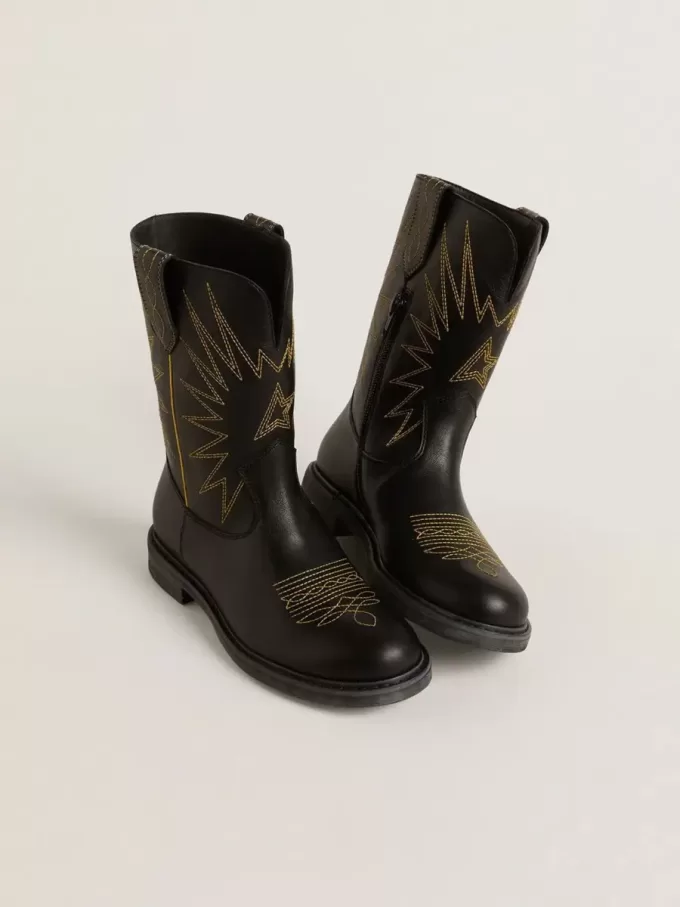 Wish Junior Stiefel aus schwarzem Leder mit gelber Sternstickerei