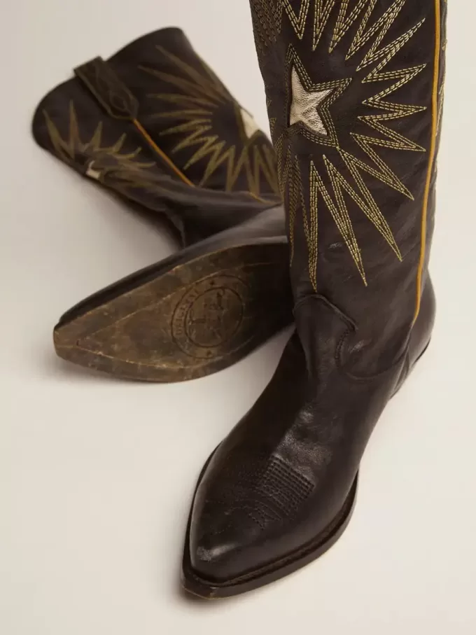Wish Star Damenstiefel aus schwarzem Leder mit platinlaminiertem Leder-Stern-Einsatz