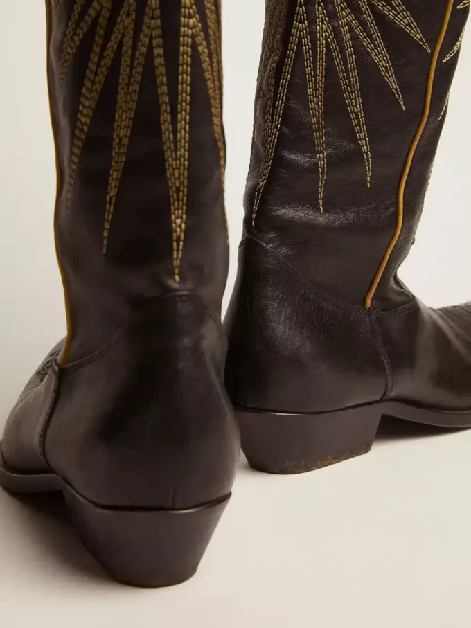 Wish Star Damenstiefel aus schwarzem Leder mit platinlaminiertem Leder-Stern-Einsatz