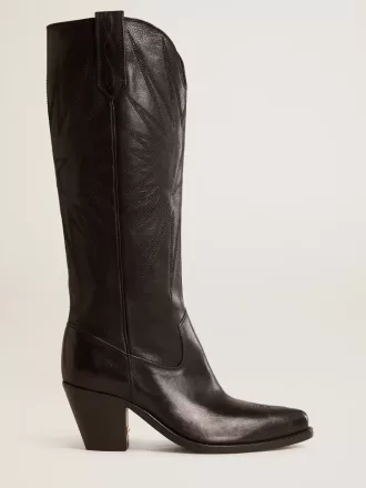 Wish Star Damenstiefel aus schwarzem Leder mit ton-in-ton gesticktem Stern