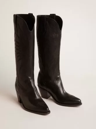 Wish Star Damenstiefel aus schwarzem Leder mit ton-in-ton gesticktem Stern