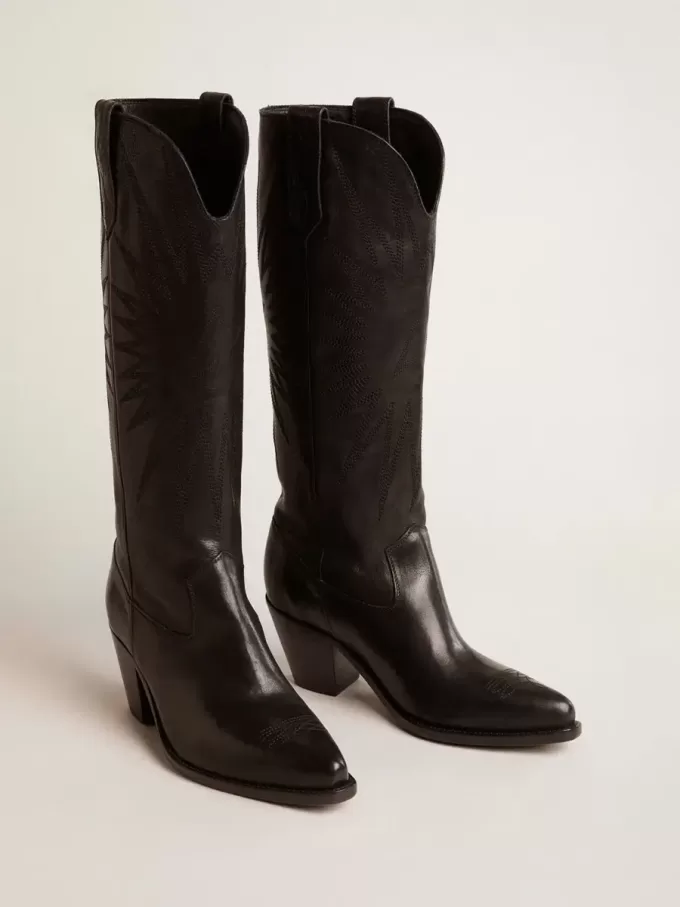 Wish Star Damenstiefel aus schwarzem Leder mit ton-in-ton gesticktem Stern Wish Star Damenstiefel aus schwarzem Leder mit ton-in-ton gesticktem Stern