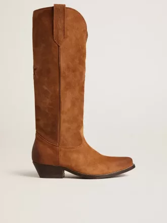 Wish Star Stiefel aus cognacfarbenem Wildleder mit farblich abgestimmtem Stern-Intarsienmuster