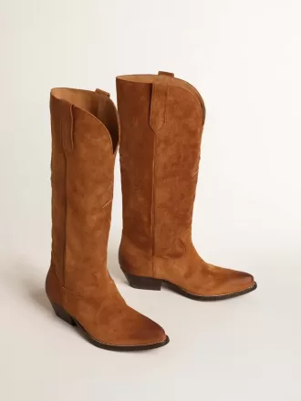 Wish Star Stiefel aus cognacfarbenem Wildleder mit farblich abgestimmtem Stern-Intarsienmuster