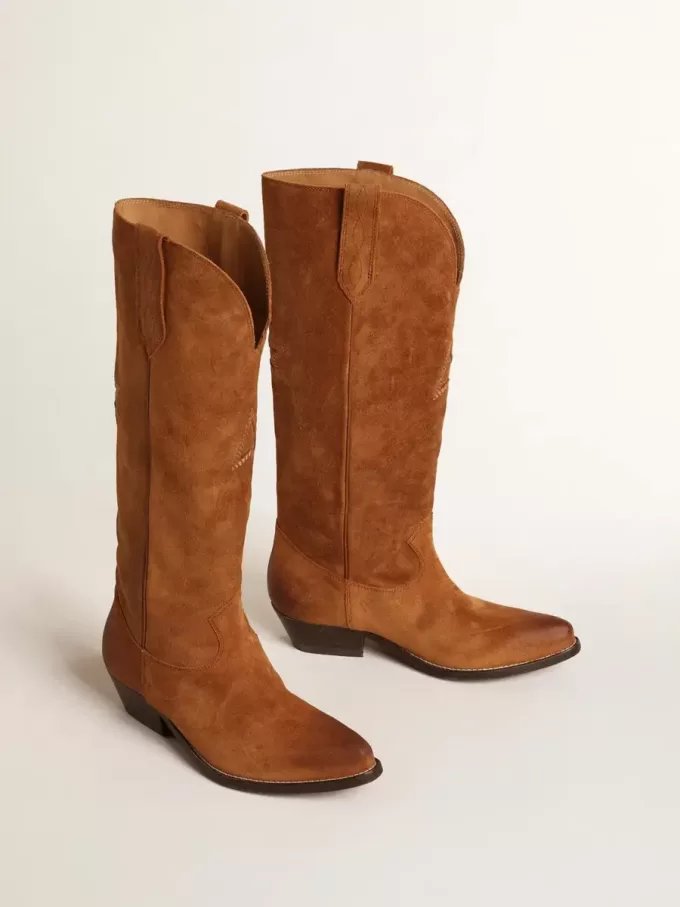 Wish Star Stiefel aus cognacfarbenem Wildleder mit farblich abgestimmtem Stern-Intarsienmuster
