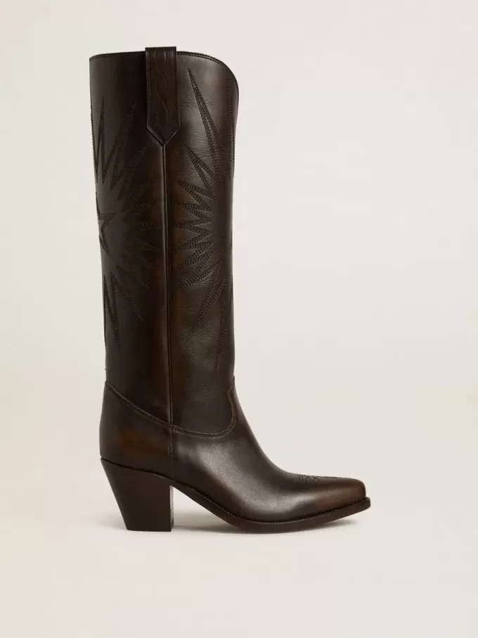 Wish Star Stiefel aus dunkelbraunem Leder mit ton-in-ton gesticktem Stern