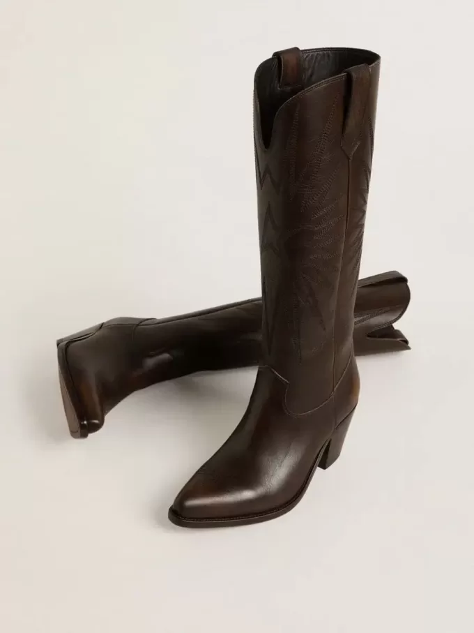 Wish Star Stiefel aus dunkelbraunem Leder mit ton-in-ton gesticktem Stern