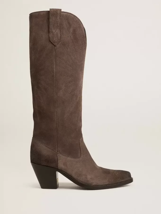 Wish Star Stiefel aus dunkelbraunem Wildleder mit farblich abgestimmtem Stern-Intarsienmuster