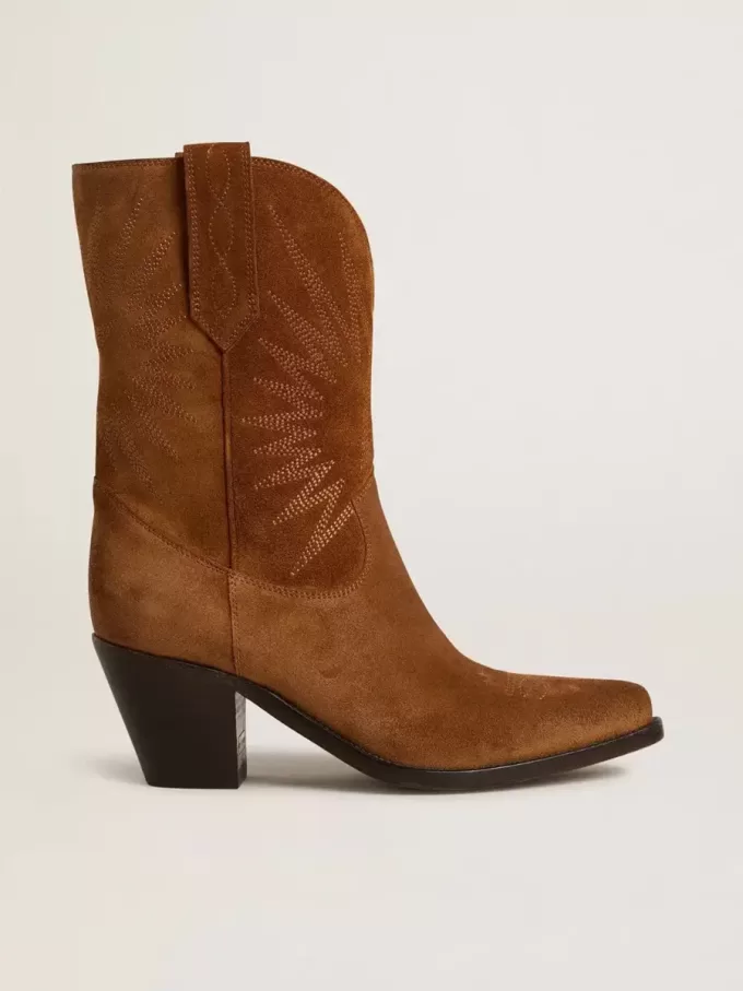 Wish Star Stiefel für Damen aus cognacfarbenem Wildleder mit Sternstickerei