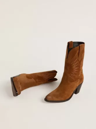 Wish Star Stiefel für Damen aus cognacfarbenem Wildleder mit Sternstickerei