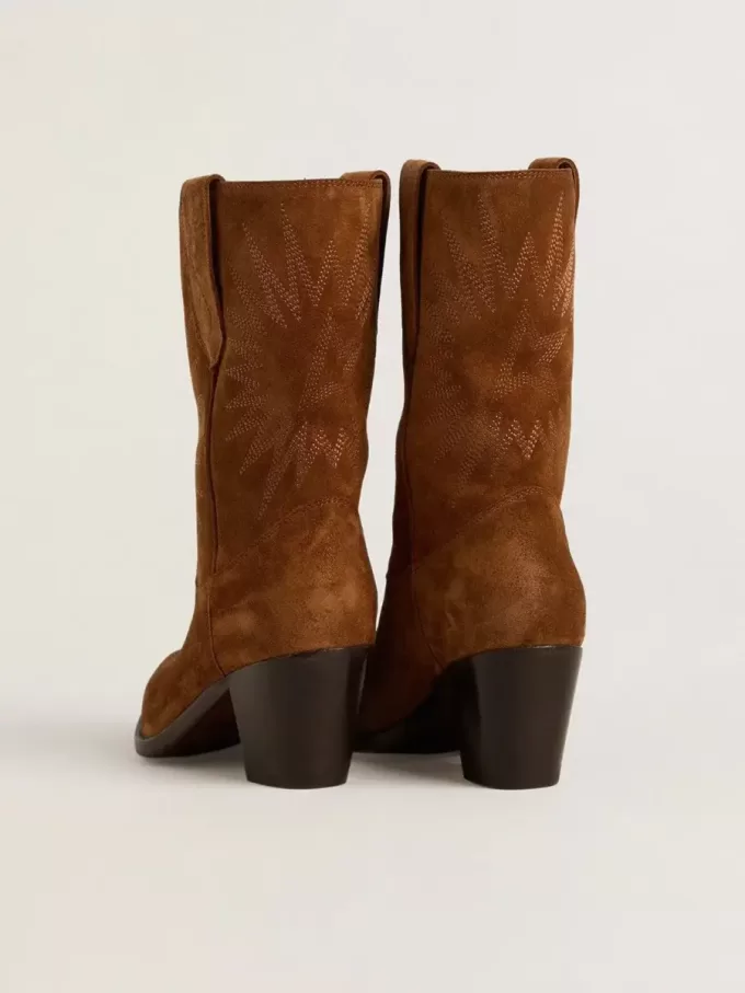 Wish Star Stiefel für Damen aus cognacfarbenem Wildleder mit Sternstickerei