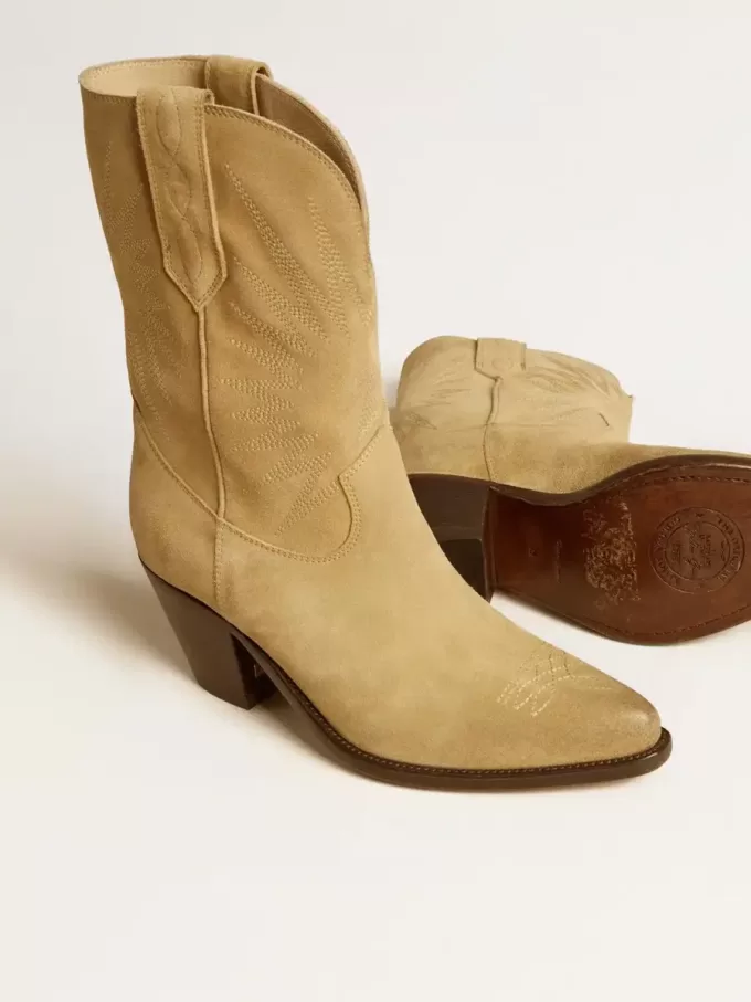Wish Star Stiefeletten aus sandfarbenem, gewachstem Wildleder mit Sternstickerei