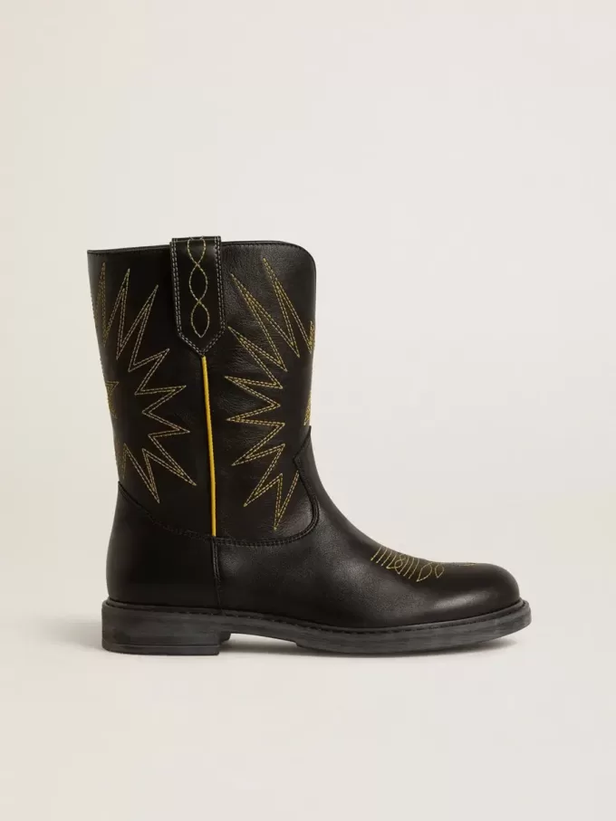 Wish Teen Stiefel aus schwarzem Leder mit gelber Sternstickerei