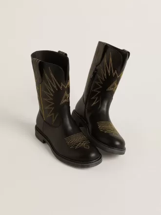Wish Teen Stiefel aus schwarzem Leder mit gelber Sternstickerei