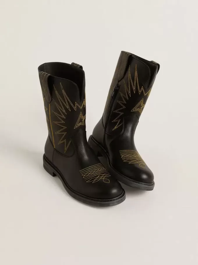 Wish Teen Stiefel aus schwarzem Leder mit gelber Sternstickerei