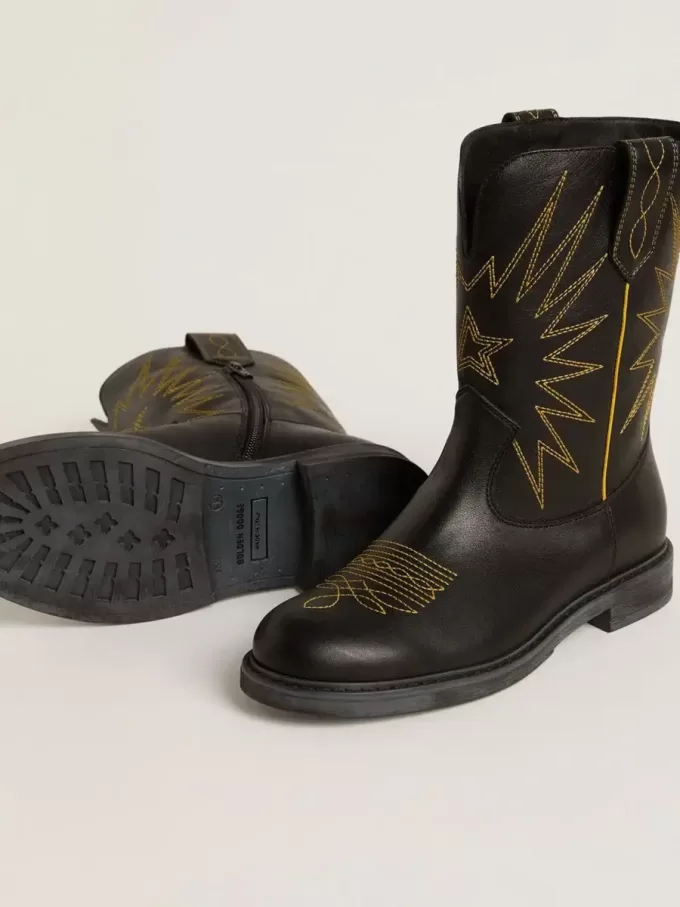 Wish Teen Stiefel aus schwarzem Leder mit gelber Sternstickerei