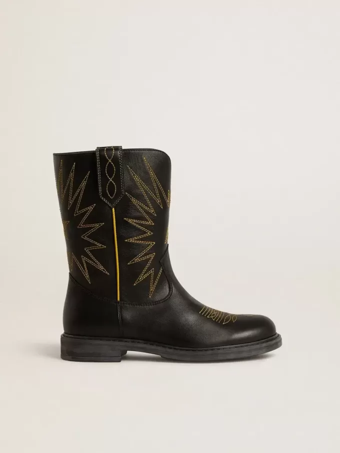 Wish Young Stiefel aus schwarzem Leder mit gelber Sternstickerei