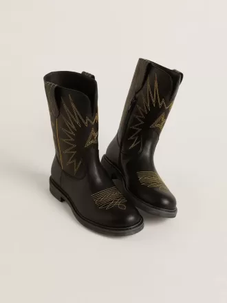 Wish Young Stiefel aus schwarzem Leder mit gelber Sternstickerei