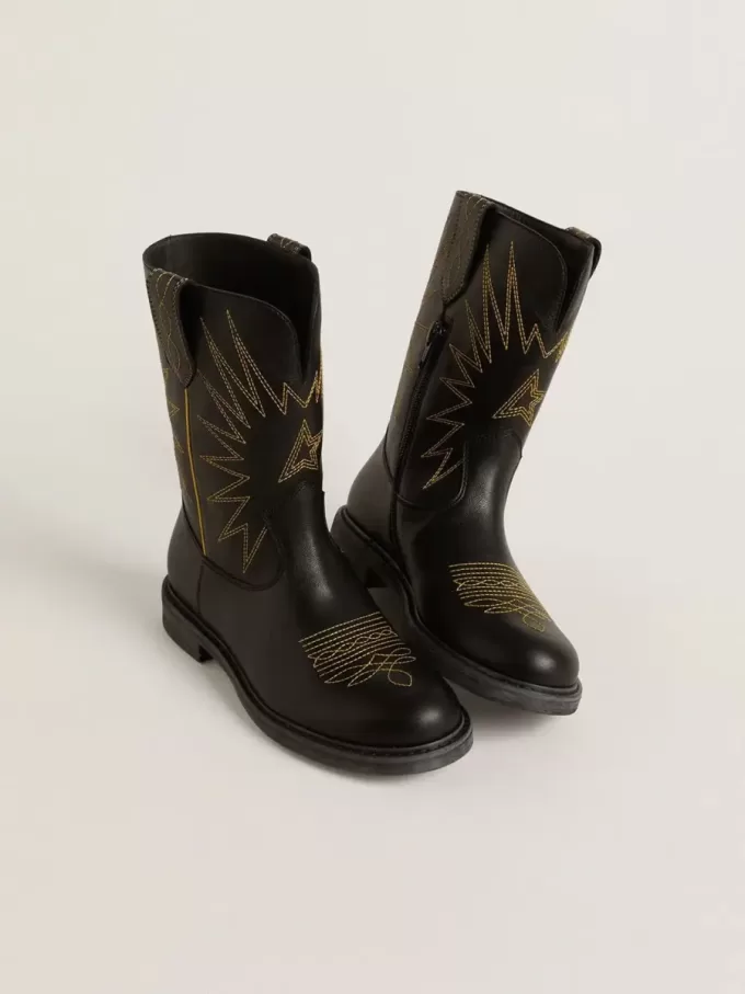 Wish Young Stiefel aus schwarzem Leder mit gelber Sternstickerei