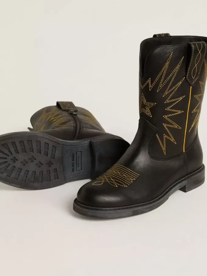 Wish Young Stiefel aus schwarzem Leder mit gelber Sternstickerei