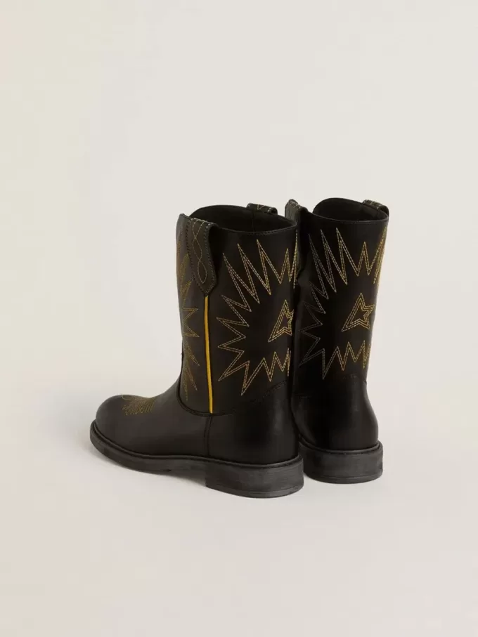 Wish Young Stiefel aus schwarzem Leder mit gelber Sternstickerei
