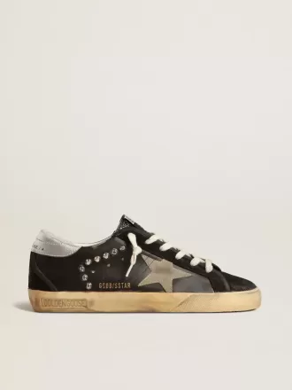 Women’s Super-Star aus schwarzem Leder und Wildleder mit silbernen Nieten
