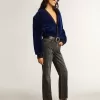 Women’s Super-Star aus schwarzem Leder und Wildleder mit silbernen Nieten