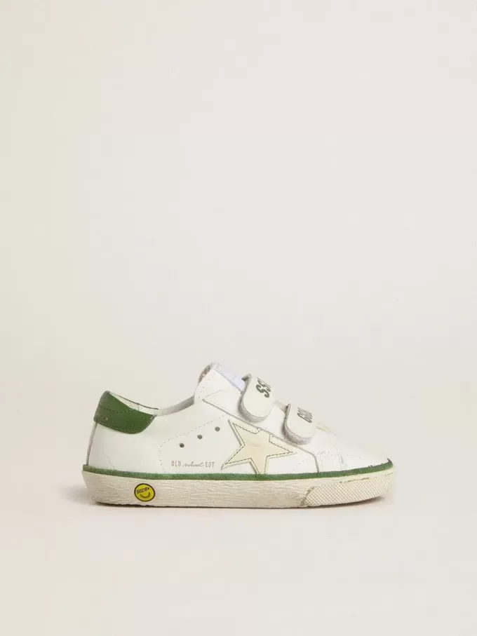 Young Old School aus weißem Leder mit grüner Nappa-Fersenlasche und grünem Einsatz Young Old School aus weißem Leder mit grüner Nappa-Fersenlasche und grünem Einsatz