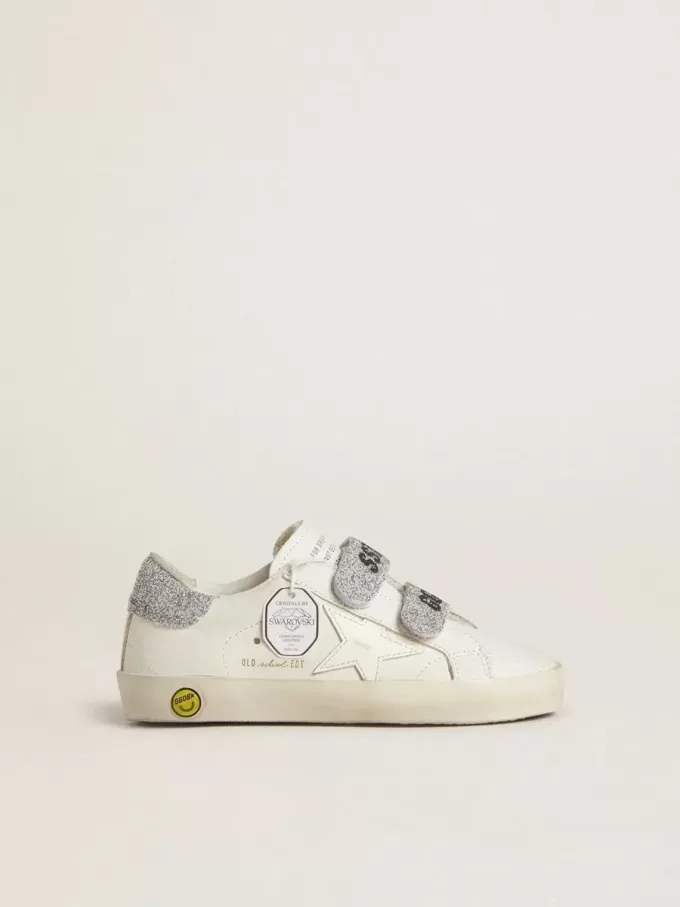 Young Old School aus weißem Leder mit silbernem Swarovski-Kristall-Fersenriemen und Riemen