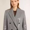 Zweireihige Boyfriend-Jacke aus Wolle mit Mikro-Hahnentrittmuster und Pailletten
