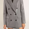 Zweireihige Boyfriend-Jacke aus Wolle mit Mikro-Hahnentrittmuster und Pailletten