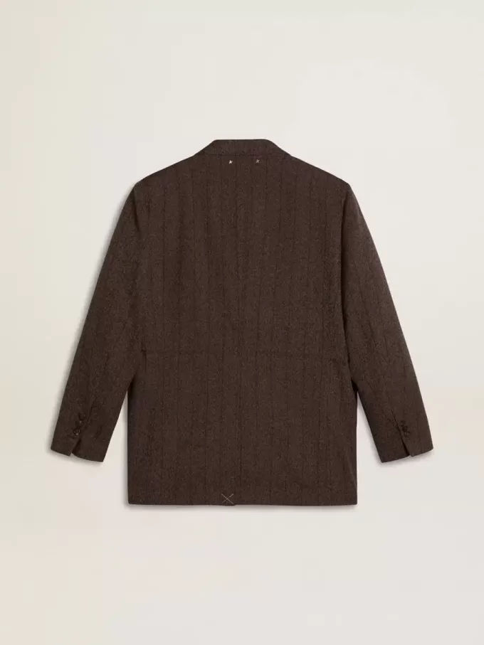 Zweireihiger Damenblazer aus dunkelbrauner Wolle mit feinem Streifenmuster Zweireihiger Damenblazer aus dunkelbrauner Wolle mit feinem Streifenmuster